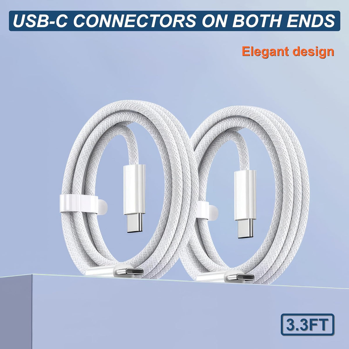 Braided USB C to USB C Cable 3.3FT 2 Pack, 60W PD Cord, White