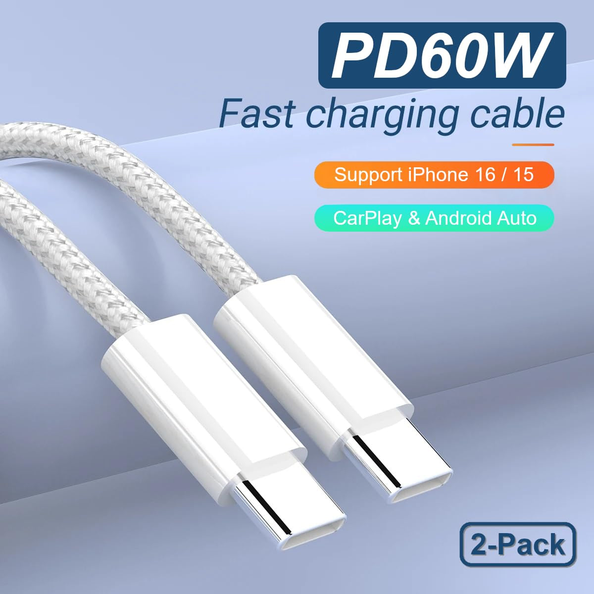 Braided USB C to USB C Cable 3.3FT 2 Pack, 60W PD Cord, White