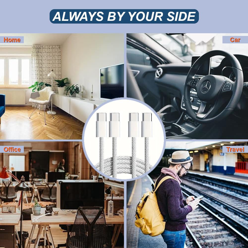 Braided USB C to USB C Cable 3.3FT 2 Pack, 60W PD Cord, White