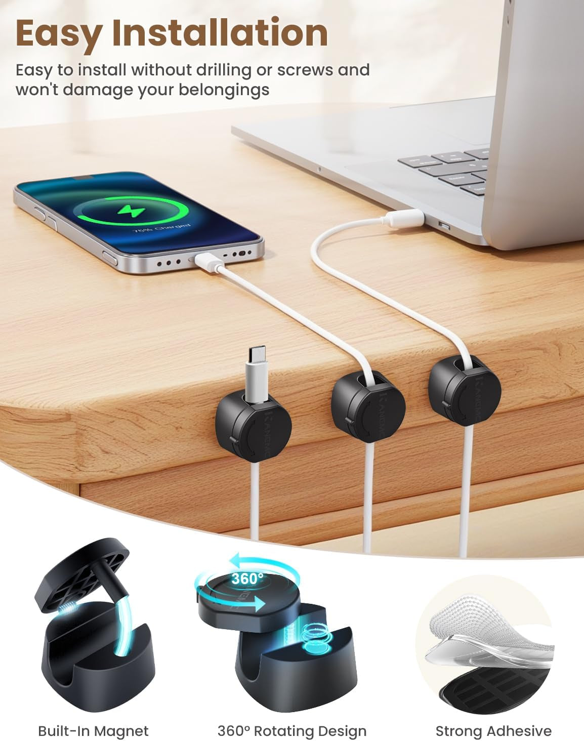 6 Pack Rotatable Cord Organizer,360°Spin Magnetic Cord Holder
