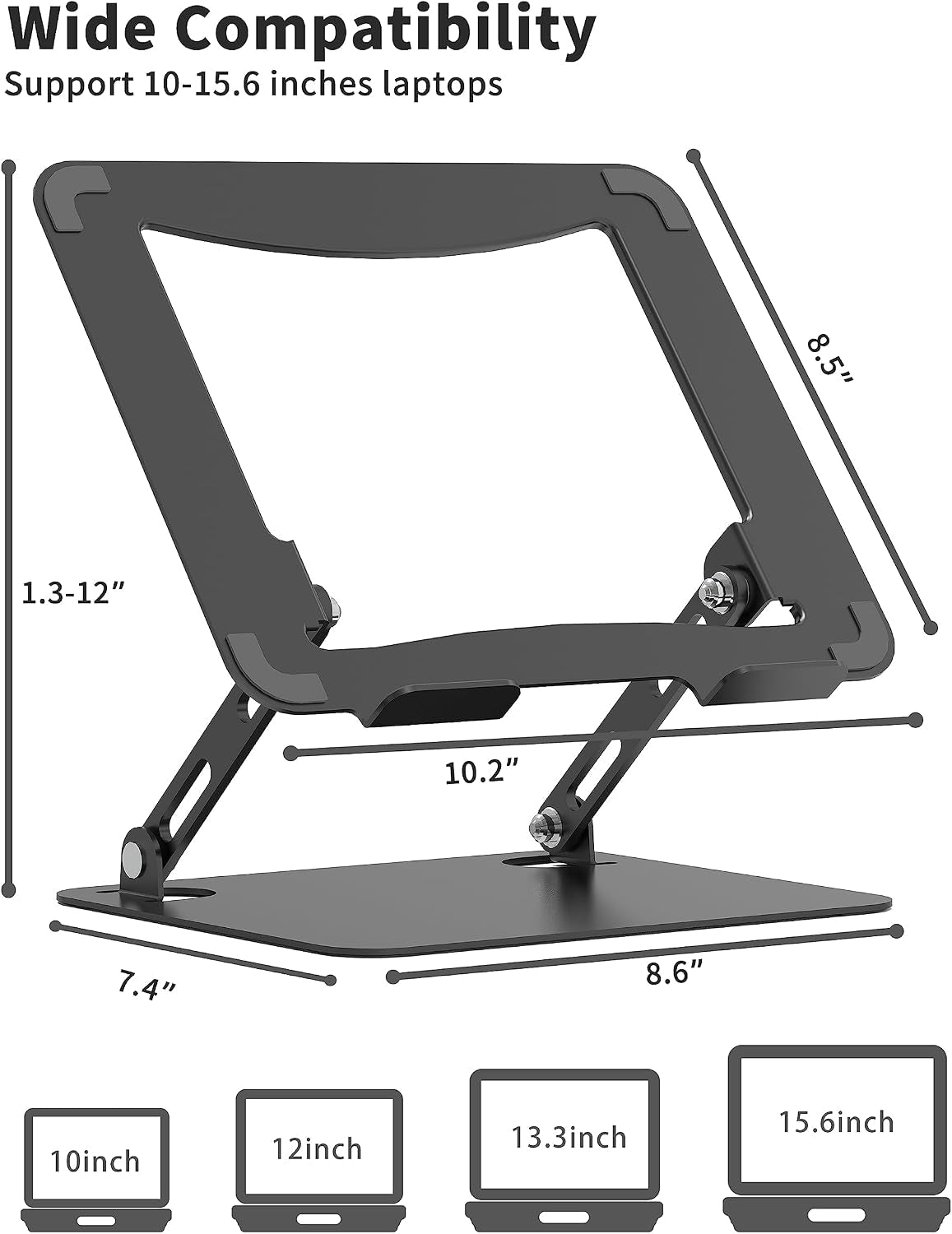 Adjustable Laptop Stand for Desk, Metal Riser 10-15.6", Black