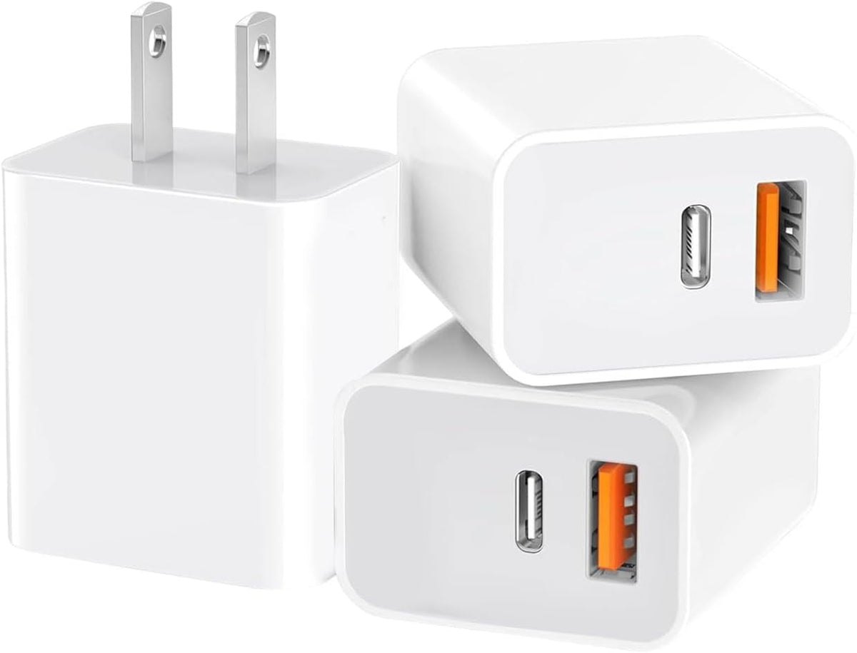 3 Pack USB C Charger Block,20W USB-C & USB-A Port Charger，For I Phone 17/16/15/14/13/12/11/X/8, I Pad and More