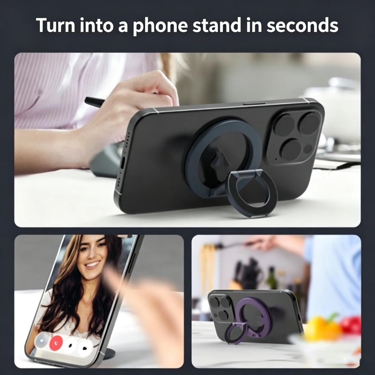 Double-Sided Magnetic Phone Stand with Kickstand - 360° Rotatable, Adjustable Angle, for Iphone 12-17 Series, Compatible with Magsafe(Black)