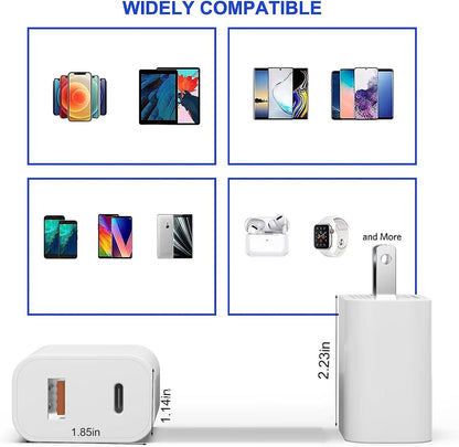 3 Pack USB C Charger Block,20W USB-C & USB-A Port Charger，For I Phone 17/16/15/14/13/12/11/X/8, I Pad and More